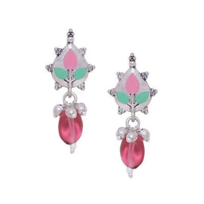Silver-Plated & Red Leaf Shaped Drop Earrings