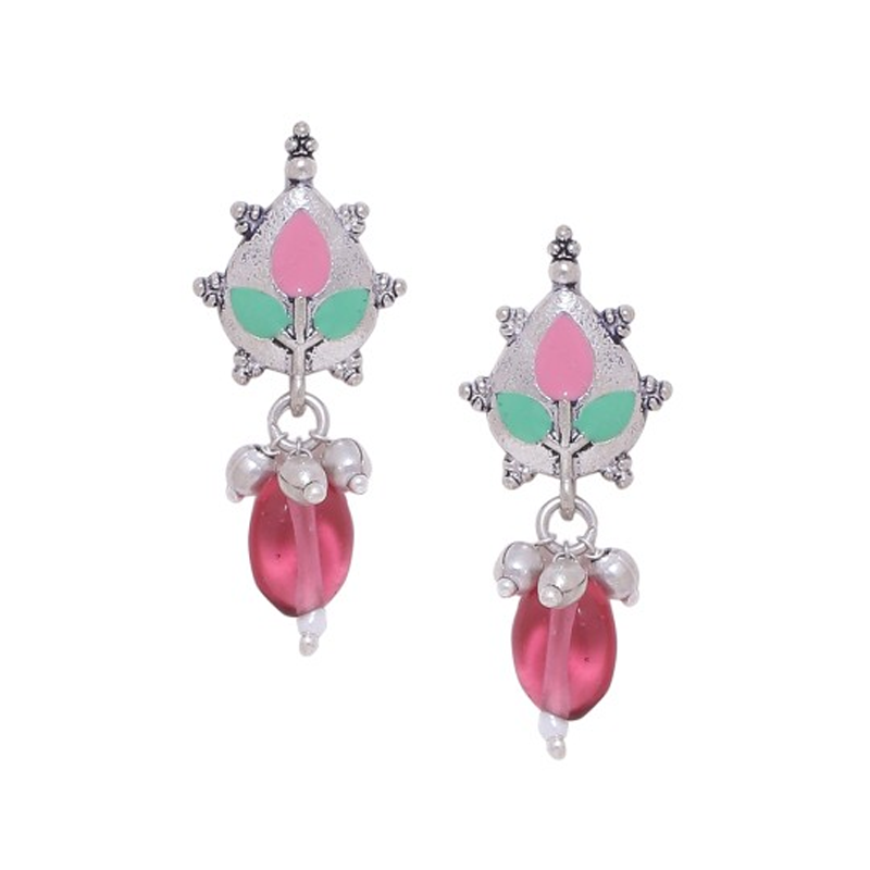 Silver-Plated & Red Leaf Shaped Drop Earrings